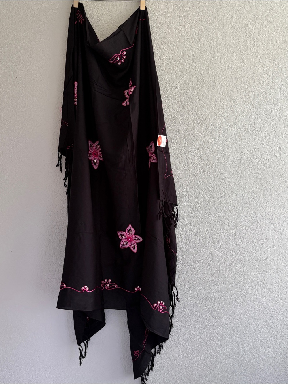 Black and Pink Floral Fringed Sarong- One Size